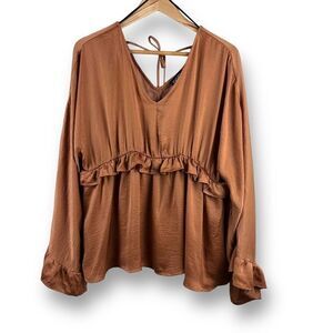 Gigio by Umgee Womens Blouse Top Long Sleeve Ruffle V Neck‎ Peplum Large Brown